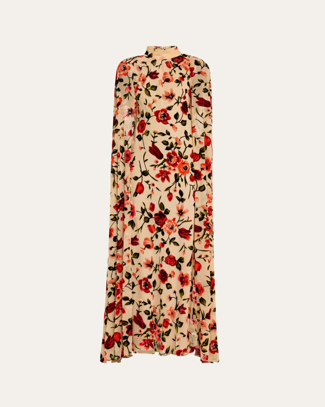 Floral Velvet Devore Cape Gown